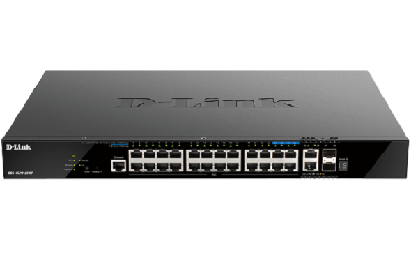 DGS-1520-28MP ///20 x 10/100/1000BASE-T PoE Ports, 4 x 2.5GBASE-T PoE Ports, 2 x 10GBASE-T Ports and 2 x 10G SFP+ Ports L3 Stackable Smart Managed Switch, 370W PoE Power Budget, 740W with external RPS DPS-700, (EU/UK power plug)