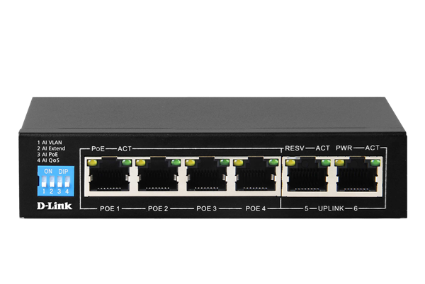 DES-F1006P-E/E///6-port 10/100Base-T Unmanaged Long Range 250m PoE+ Surveillance Switch with 4 PoE ports, 60W PoE Power budget  (EU Plug)