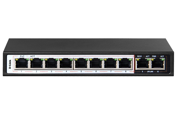 DES-F1010P-E/E///10-port 10/100Base-T Unmanaged Long Range 250m PoE+ Surveillance Switch with 8 PoE ports, 96W PoE Power budget  (EU Plug)