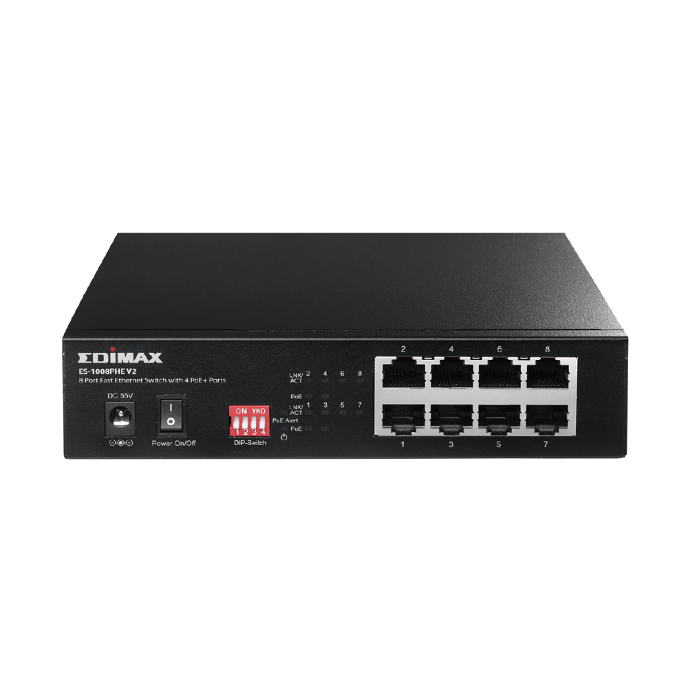 EDES-1008PHEV2-UK///EDIMAX-Long Range 8-Port Fast Ethernet Switch with 4 PoE+ Ports & DIP Switch