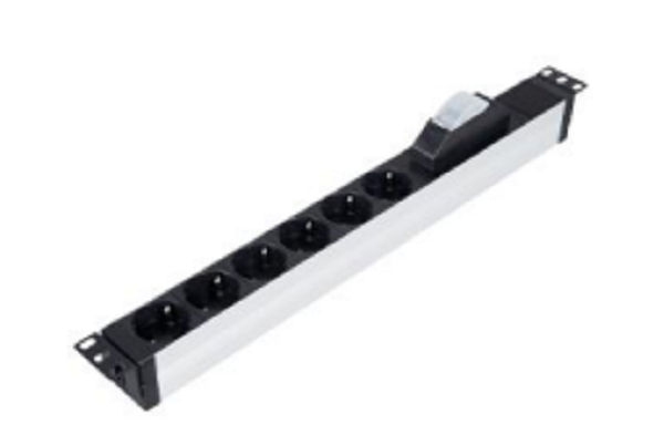 LN-PRZ-SGT-1U6P-SC///6xDIN49440 socket schuko power strip, 19” 1U, aluminium housing, 1x16A cct breaker, 4000 Watt, 250V AC