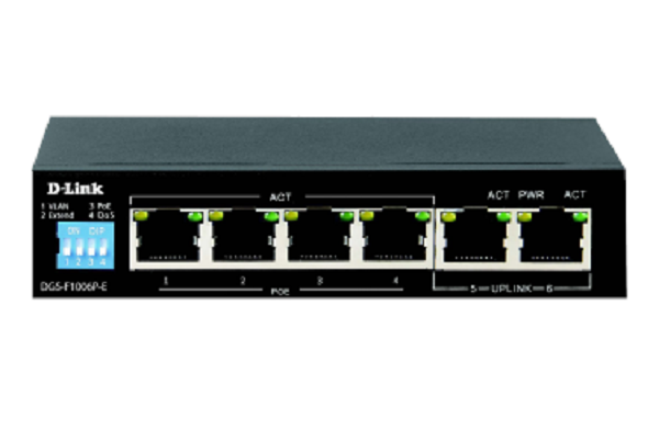 DGS-F1006P-E/E///6-port 10/100/1000Base-T Unmanaged Long Range 250m PoE+ Surveillance Switch with 4 PoE ports, 60W PoE Power budget  (EU Plug)