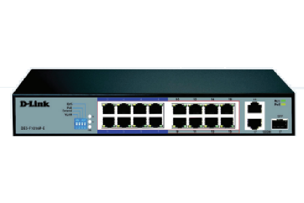 DES-F1016P-E///16-port 10/100Base-T Unmanaged Long Range 250m PoE+ Surveillance Switch with 16 PoE ports, 1 Gigabit Copper port , 1 Gigabit combo RJ45/SFP port, 150W PoE Power budget  (UK/EU Plug)