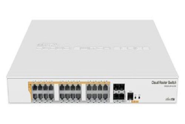 CRS328-24P-4S+RM///24 port Gigabit Ethernet router/switch with four 10Gbps SFP+ ports in 1U rackmount case, Dual Boot and PoE output, 500W